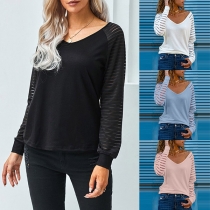 Fashion Hollow Out Stripe Gauze Spliced Long Sleeve V-neck T-shirt Top