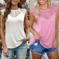 Sexy Gauze Spliced Sleeveless Round Neck Solid Color Tank Top