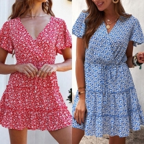 Fresh Style Short Sleeve V-neck High Waist Printed Dress