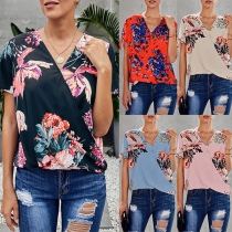 Fashion Lace-up Short Sleeve V-neck Loose Printed Top
