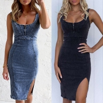 Sexig rygglös U-ringad slitsfåll Slim Fit Sling Denim Klänning