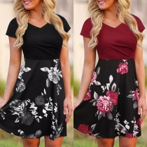Fashion Short Sleeve V-neck High Waist Printed Spliced Hem Dress