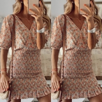 Fresh Style Short Sleeve V-neck Ruffle Hem Slim Fit Printed Dress