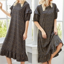 Sweet Style Short Sleeve Round Neck Ruffle Hem Loose Printed Dress