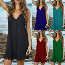 Sexy Backless V-neck Lace Spliced Hem Solid Color Sling Loose Dress