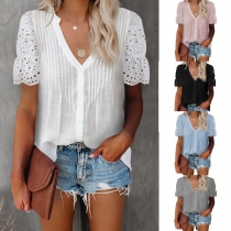 Sexy Lace Spliced Short Sleeve V-neck Solid Color Top