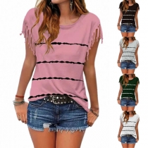 Fashion Tassel Short Sleeve Round Neck Striped Printed T-shirt