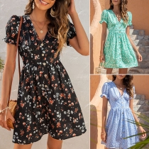 Sweet Style Short Sleeve V-neck High Waist Single-breasted Printed Dress