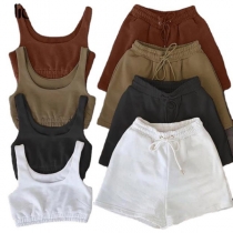 Sports Style Sleeveless Solid Color Crop Top + Shorts Two-piece Set