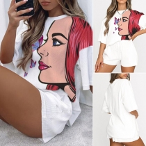 Casual Style Girl Printed Half Sleeve Round Neck T-shirt + Shorts Two-piece Set