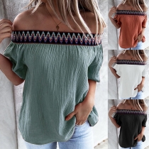 Sexy Printed Spliced Boat Neck Short Sleeve Loose Top