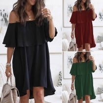 Sexy Ruffle Boat Neck Solid Color Loose Dress