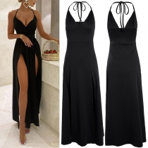 Sexy Backless V-neck Slit Hem Solid Color Sling Dress