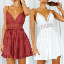 Sexy Backless V-neck Lace Spliced High Waist Sling Dress