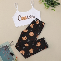 Chic Style Cookies Printed Sling Crop Top + Pants Two-piece Set