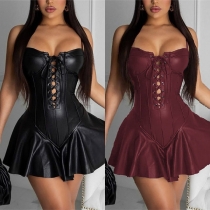 Sexy Backless Front Lace-up Solid Color Sling PU Leather Skirt