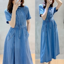 Elegant Style Short Sleeve POLO Collar High Waist Denim Midi Dress with Side Pocket