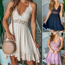Sexy Backless V-neck Ruffle Hem Lace Spliced Sling Dress