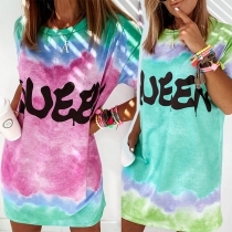 Casual Style Short Sleeve Round Neck Color Gradient Letters Printed T-shirt Dress