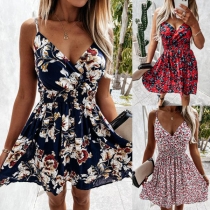 Sexy Backless V-neck High Waist Printed Sling Dress