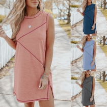 Casual Style Sleeveless Round Neck Slit Hem Contrast Color Dress
