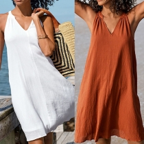 Fashion Solid Color V-neck Loose Sling Dress