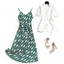 OL Style Half Sleeve Blazer + Sling Printed Dress Two-piece Set