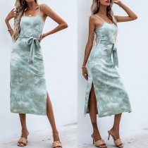 Sexy Backless Slit Hem Tie-dye printed Slim Fit Sling Dress