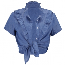 Sweet Style Short Sleeve Ruffle Stand Collar Lace-up Hem Blouse