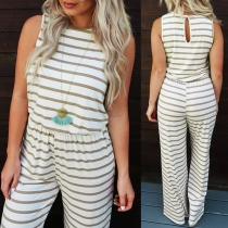 Fashion Sleeveless Round Neck High Waist Stripe Jumpsuit