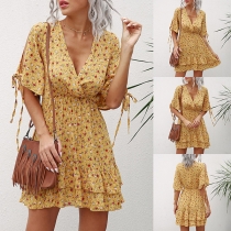 Fresh Style Short Sleeve V-neck High Waist Ruffle Hem Printed Dress