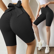 Fashion Lace-up Bow-knot High Waist Solid Color Knee-length Shorts