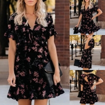 Sexy Backless V-neck Ruffle Hem High Waist Printed Short Sleeve Dress