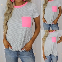 Casual Style Short Sleeve Round Neck ContrasT Color Stripe T-shirt