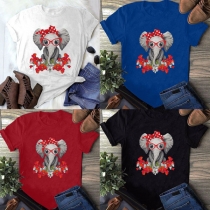 Cute Cartoon Elephant Pattern Short Sleeve Round Neck Loose T-shirt