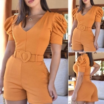 Fashion Solid Color Puff Sleeve V-neck High Waist Slim Fit Romper