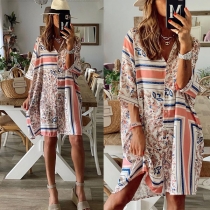 Chic Style 3/4 Sleeve POLO Collar Geometric Pattern Printed Dress