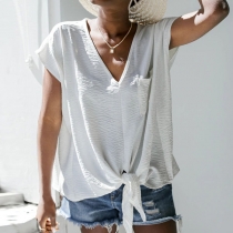 Casual Style Short Sleeve V-neck Knotted Hem Solid Color Loose Top T-shirt
