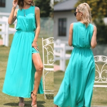 Fashion Solid Color Sleeveless Round Neck High Waist Slit Hem Dress