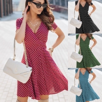 Sexy V-neck Short Sleeve High Waist Dots Printed Dress
