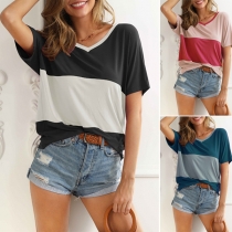 Fashion COntrast Color Short Sleeve V-neck Loose T-shirt