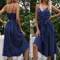 Sexy Backless V-neck High Waist Dots Printed Sling Dress