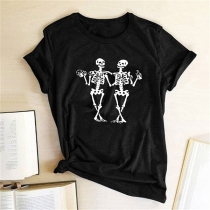 Retro Style Short Sleeve Round Neck Skull Printed T-shirt