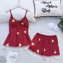 Sexy Backless V-neck Lace Spliced Heart Printed Sling Top + Shorts Nightwear Set