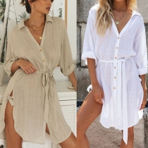 Fashion Solid Color POLO Collar Slit Hem Shirt Dress
