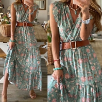 Bohemian Style Sleeveless V-neck Printed Maxi Dress