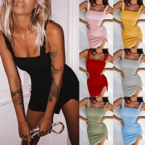 Sexy Backless Slit Hem Solid Color Slim Fit Sling Dress