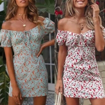 Sexy Off-shoulder Boat Neck Short Sleeve Slim Fit Printed Dress