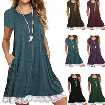 Fashion Solid Color Short Sleeve Round Neck Lace Spliced hem Loose Dress