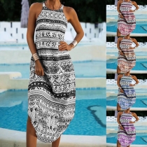 Bohemian Style Sleeveless Round Neck Arc Hem Printed Dress